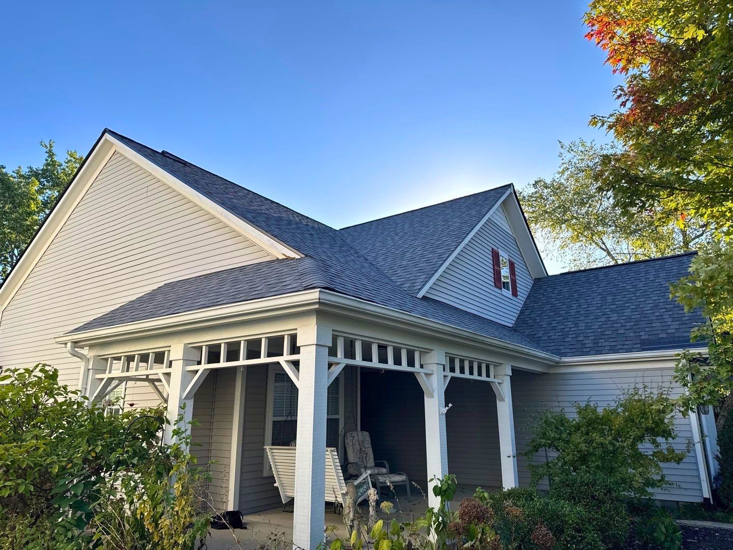 Carmel Storm Damage Roof Repair — Completed Installation — Robert Stevens Roofing New charcoal asphalt shingle roof installed on a craftsman-style home in Carmel, IN by Robert Stevens Roofing
